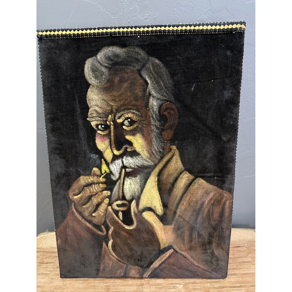 Vintage Black Velvet Painting Man Smoking Pipe Portrait Mid Century Folk Art